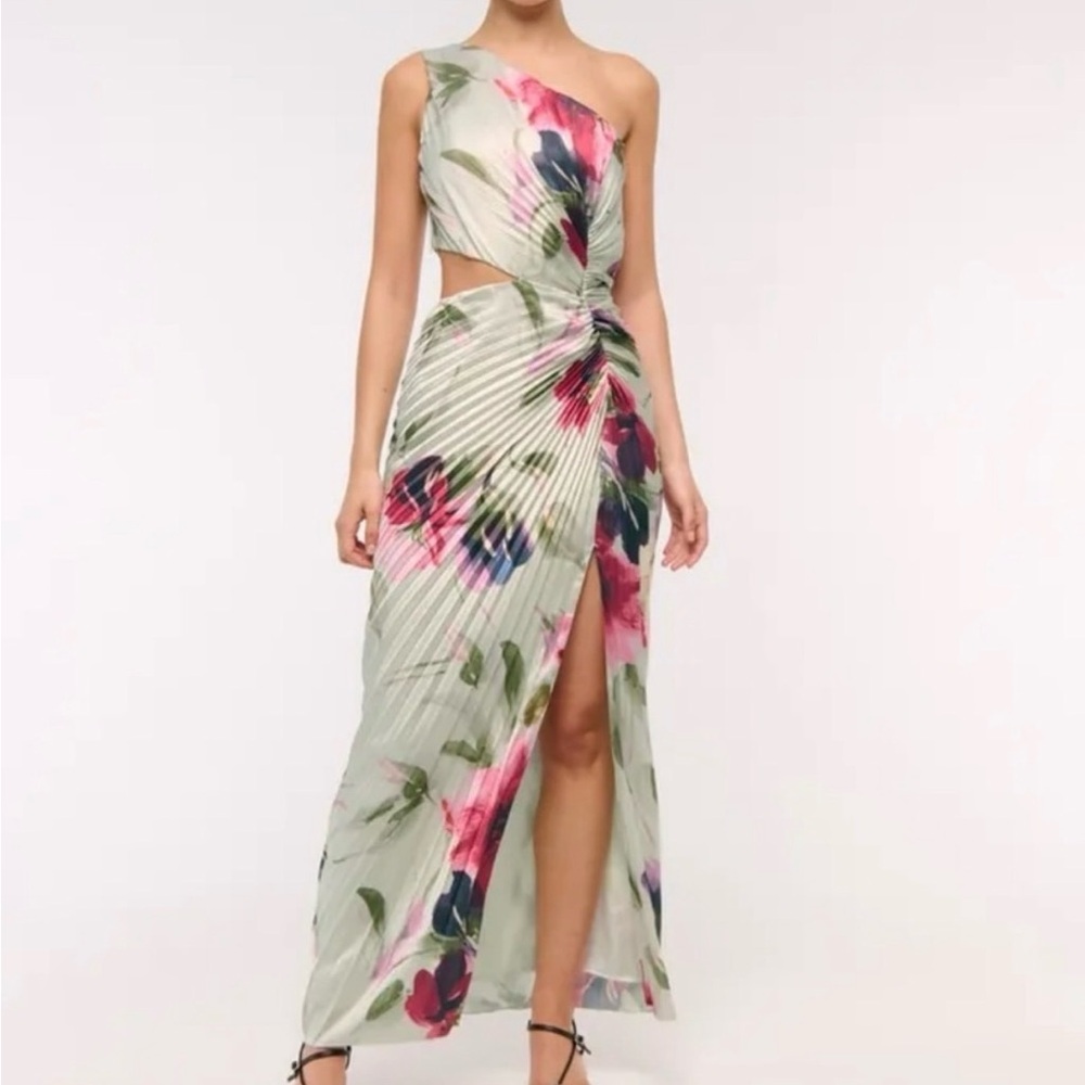 Abercrombie & Fitch “Giselle” Dress Green Floral Pleated One Shoulder Satin